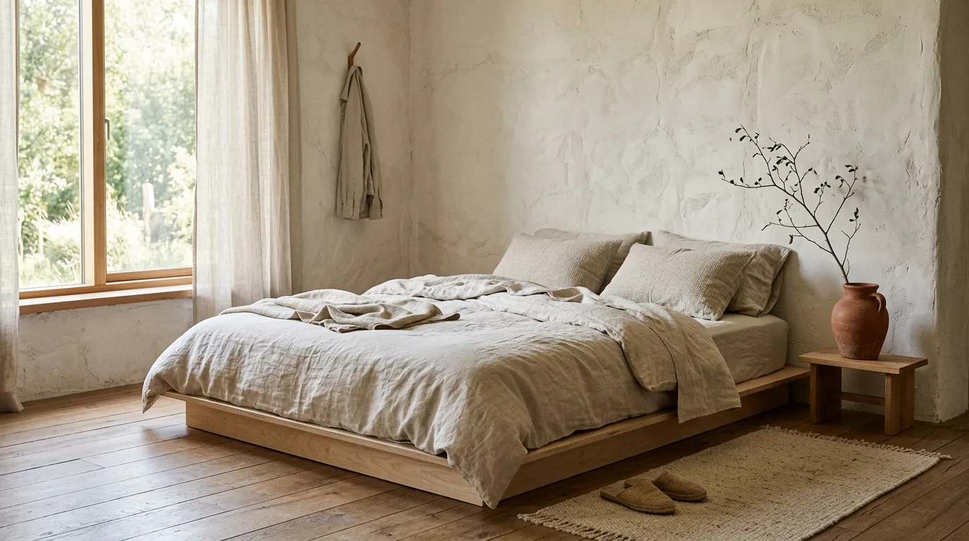 Keep the bedroom simple and lightly rumpled inspiration for a Wabi Sabi interior.
